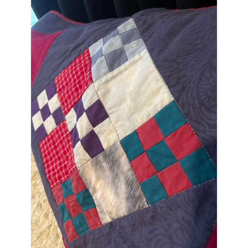Handmade Vintage Patchwork Quilt Navy Red Purple Plaid Geometric Diamond 68x46